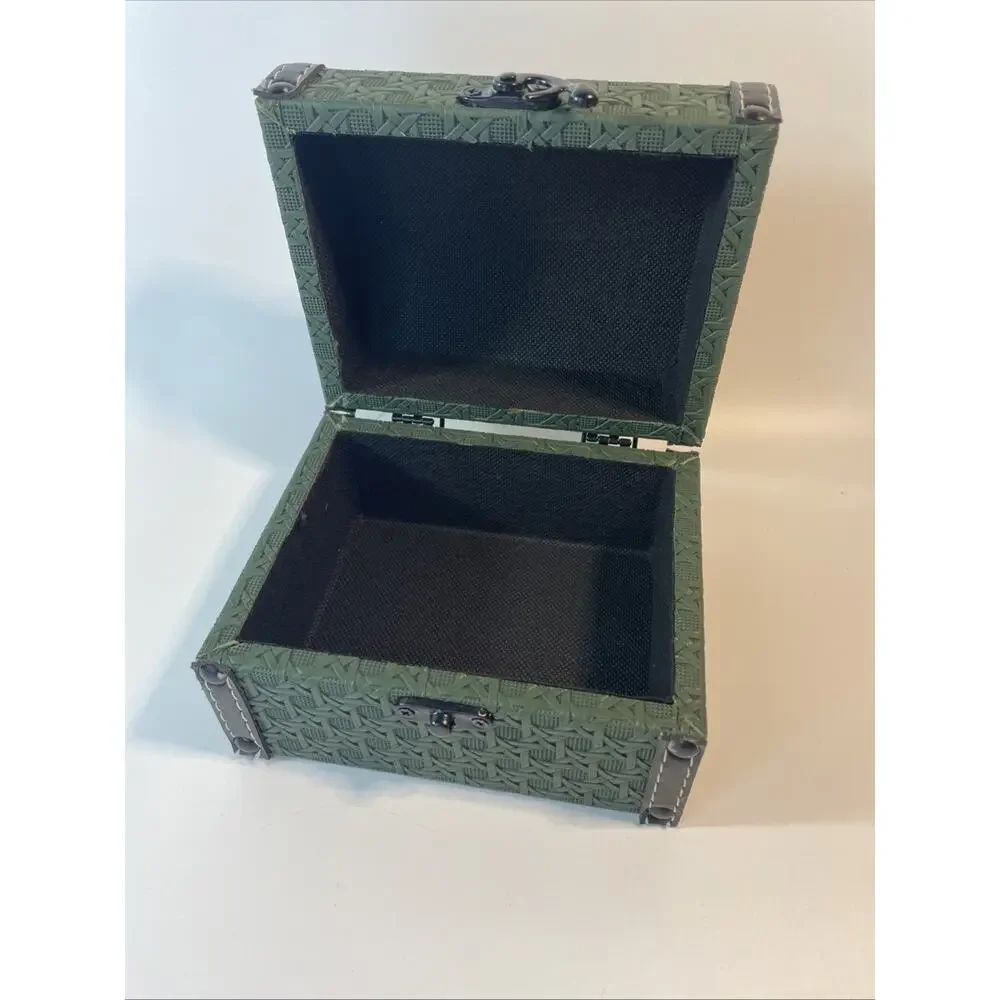 Green Wooden Jewelry Box Leather Handmade Metal Hardware Chest Trinket Trunk